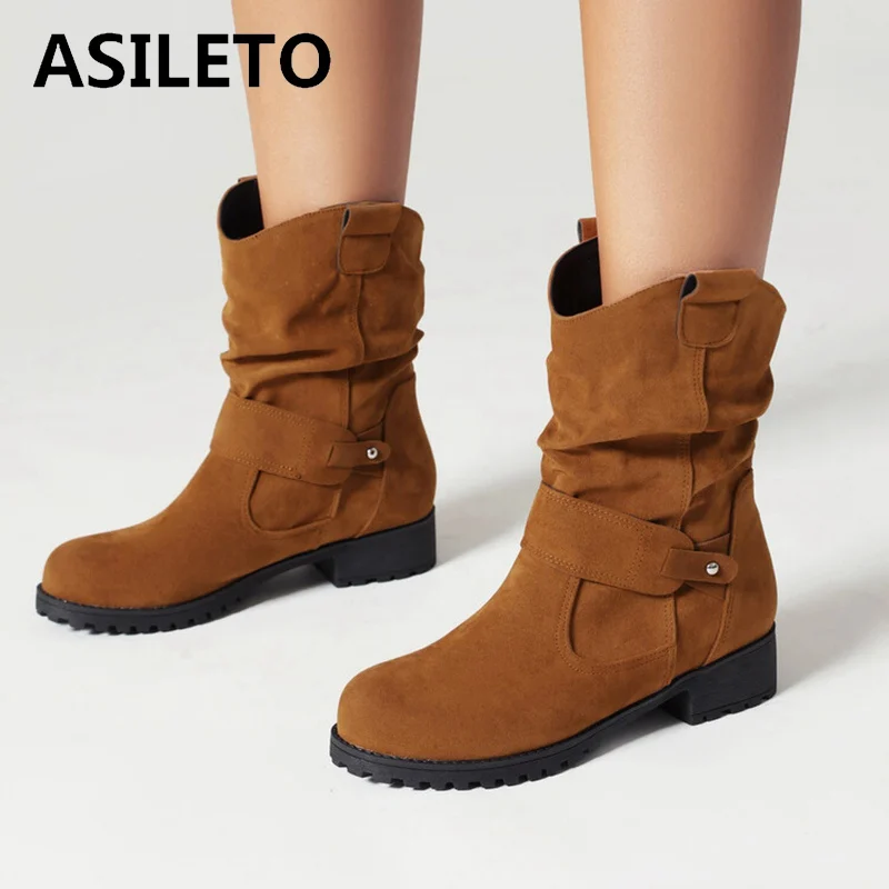 

ASILETO Size 34-43 Suede Flock Midcalf Boots 3.5cm Flat Heel Round Toe Women's Retro Slip On Anti Slip Cowboy Casual