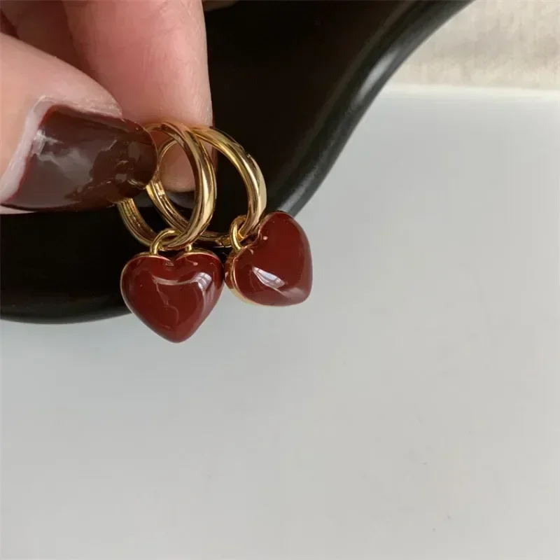 Dangle Earrings Wine Red Love Heart For Women Gold Color Circle Vintage Peach Drop Earring Fashion Jewelry
