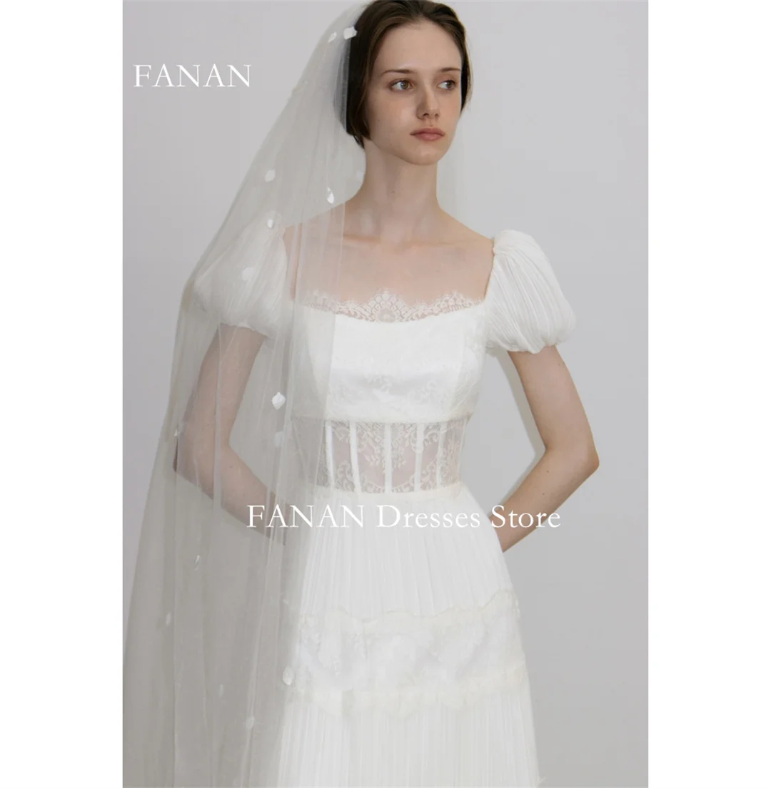 Fanan Korea Puff Sleeves Wedding Dresses  웨딩드레스 Chiffon Square Neck Lace Custom Made Ruched Photoshoot Bride Gowns Plus Size 4