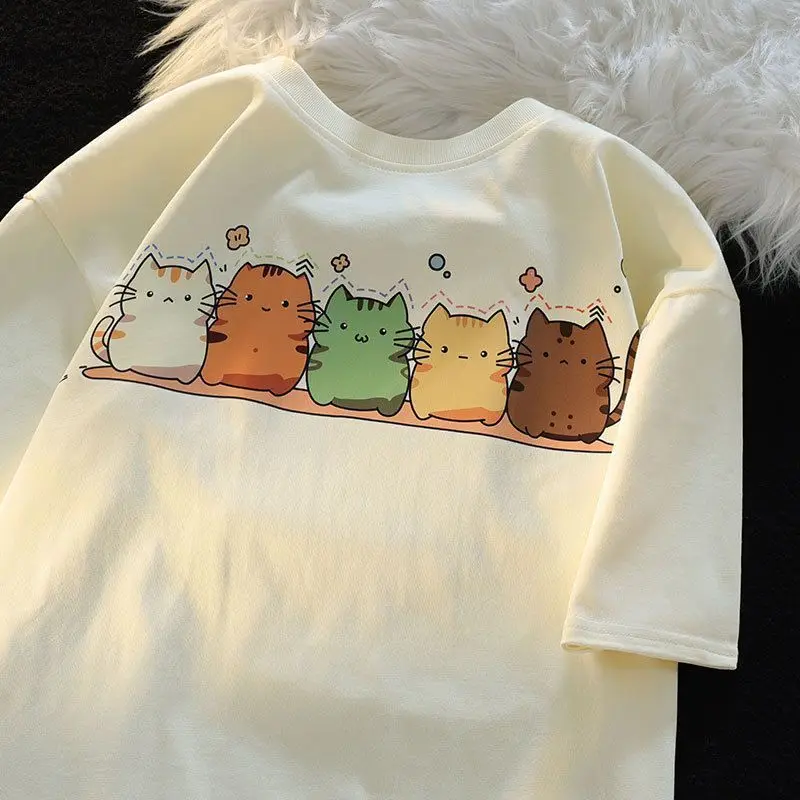 

Heavy cotton summer college style Korean version cartoon cat print short-sleeved T-shirt men and women trendy casual tops y2k