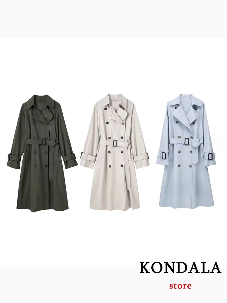 

KONDALA повседневные винтажные шикарные женские куртки однотонные с карманами поясом двубортное длинное Свободное пальто модное осеннее пальто 2023