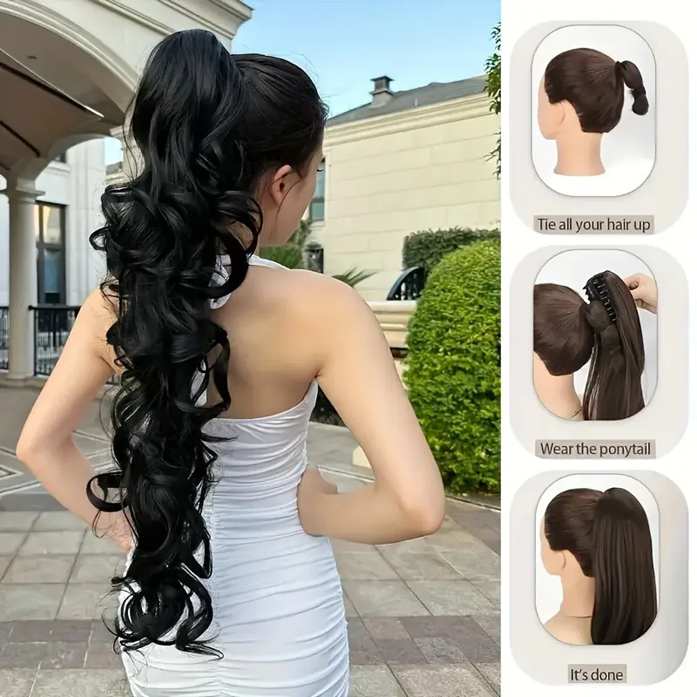 30 Inch Black Ponytail Long Wavy Synthetic Ponytail Hair Extension Heat Resistant Fiber Clip in Hairpiece for Women Daily Use