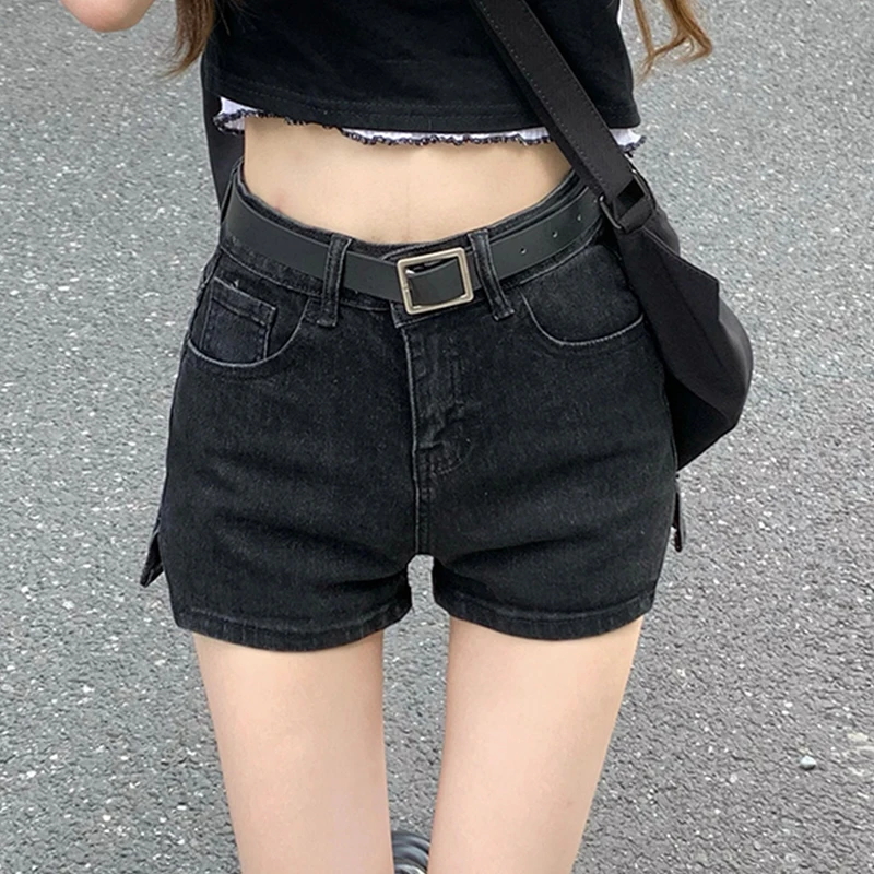 Women'S Casual Slit Denim Shorts High Waist Slim Button A Line Shorts Woman Summer Fashion Down Blue Washed  Pants Ladies New