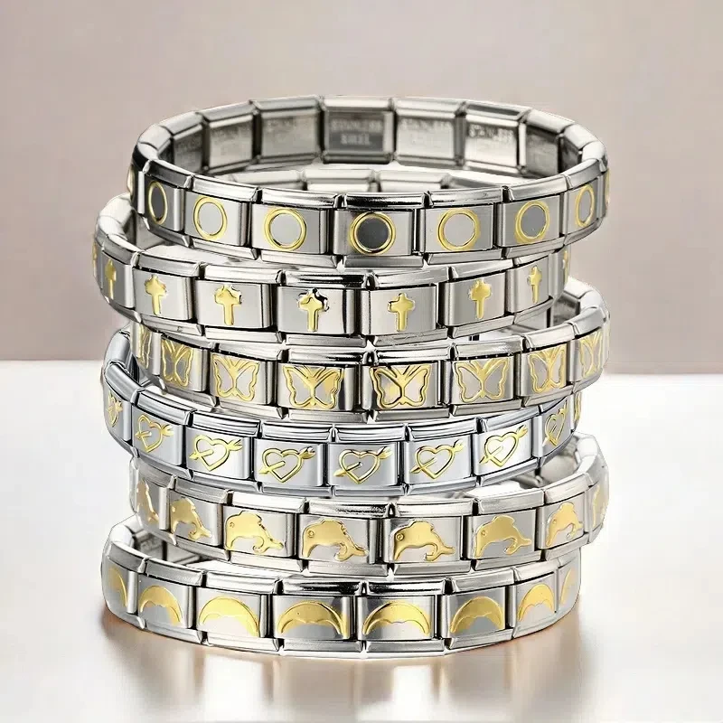 Heart Cross Butterfly Italian Charm Link Stainless Steel Golden Bracelets DIY Making 9mm Beads Retro Bangle Jewelry Wholesale