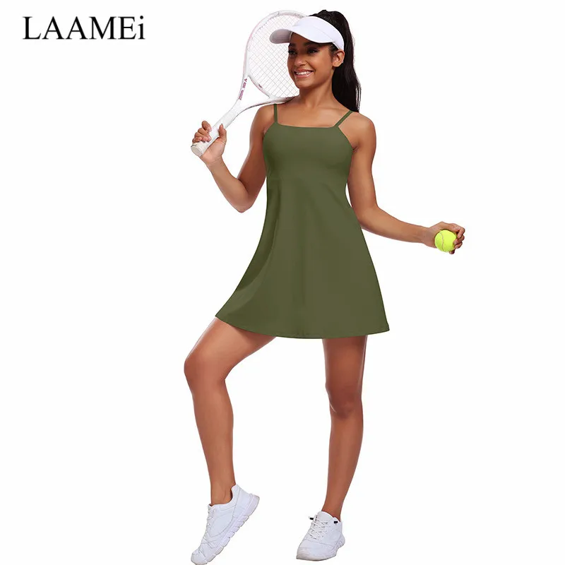 LAAMEi Sports Set Tennis Dress Pocket Safety Shorts Fitness Golf Integrated Yoga Set Women's Running Fitness Dress
