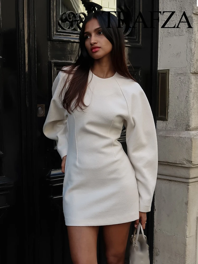 TRAFZA Autumn Fashion Women Dresses Solid Long Lantern Sleeves Zipper Female Chic Holiday Style Loose Mini Dress Mujer women dresses