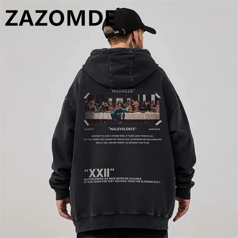 

ZAZOMDE Autumn Vintage Washed Hoodies Men Winter Sweatshirt Print Cotton Hoodie Hip Hop Streetwear Oversized Loose Hoodie Tops