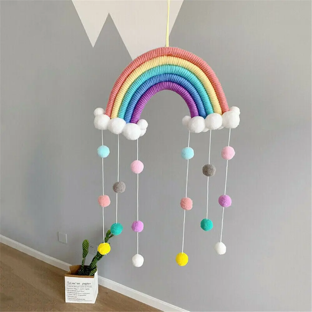 Description Picture 6 of itemHand-woven Five Strands Rainbow Clouds Hanging Decoration Colorful Pom Pom Felt Ball Tassel Wall/Window Hanging Decoration Craft