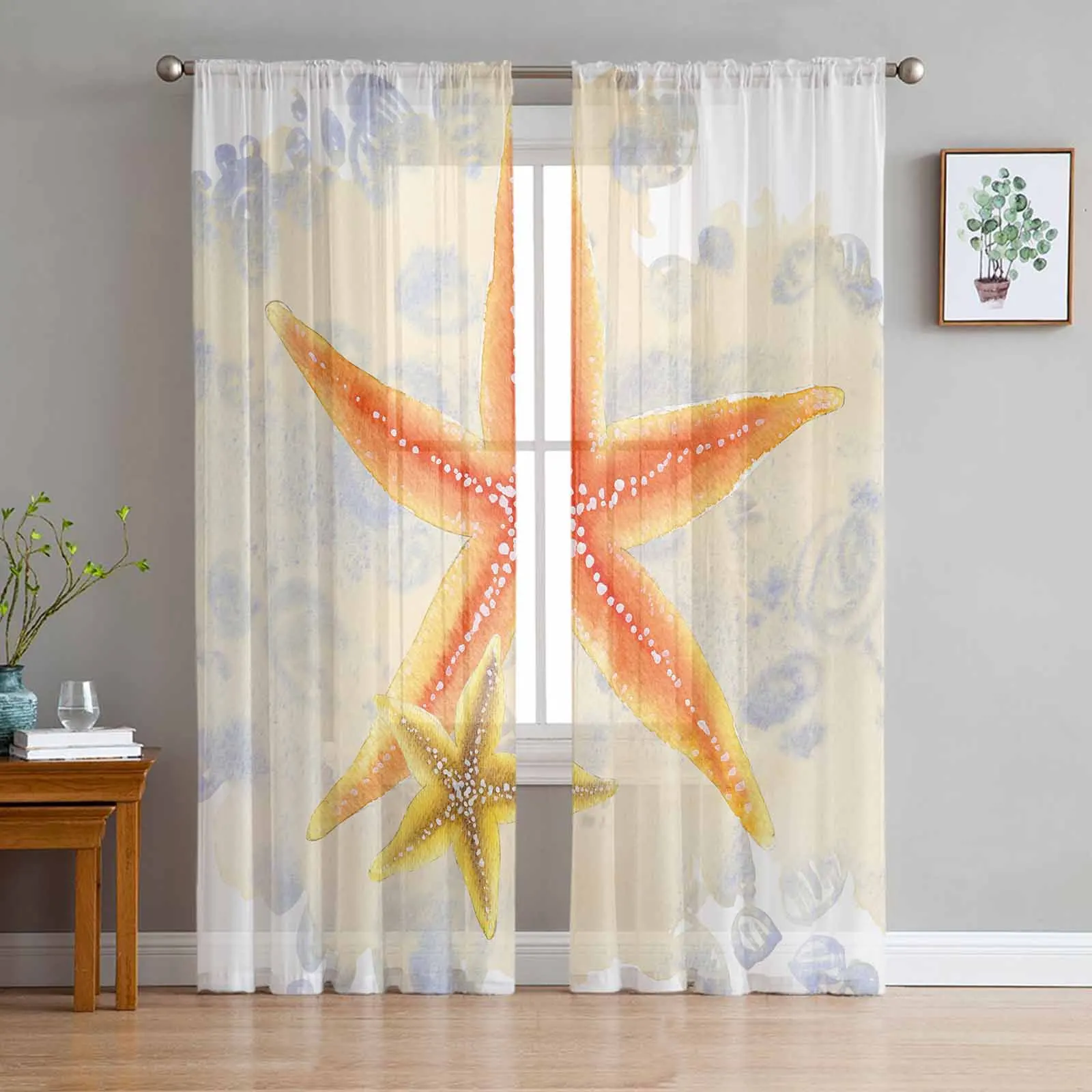 

Retro Watercolor Starfish Marine Creatures Tulle Sheer Window Curtains for Living Room Kitchen Bedroom Voile Hanging Curtain