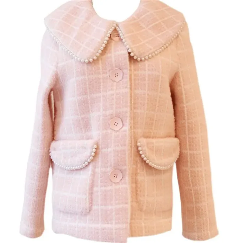 

Autumn Winter Short Woolen Coat Women 2023 New Loose Chequer Single-Breasted Jacket Nail Bead Doll Collar Outerwear Female