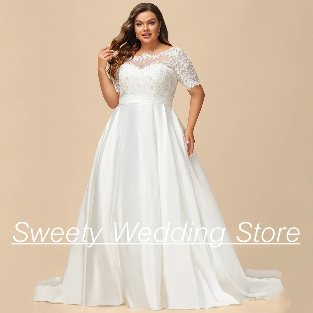 

Classic Plus Size Wedding Dress for Bride Short Sleeves Scoop Neck Beading Applique Pocket A Line Satin Bridal Gown Robe Mariee