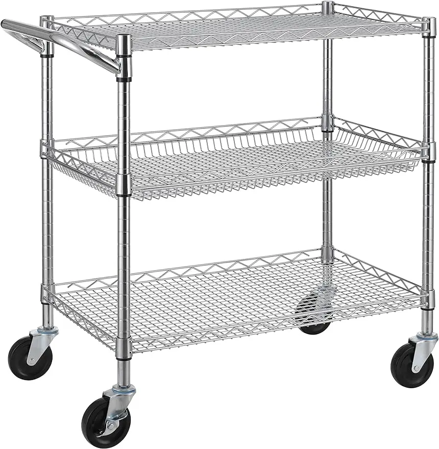

Finnhomy 3 Tier Heavy Duty Commercial Grade Utility Cart, Wire Rolling Cart with Handle Bar, Steel Service Cart with Wheels
