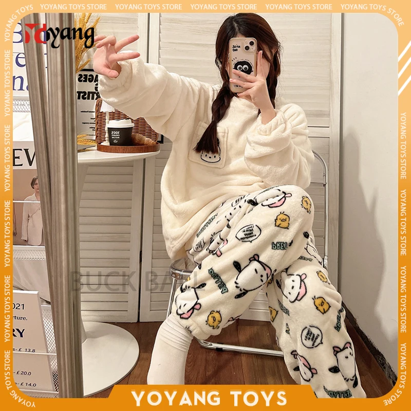 

Sanrio Anime Pajamas Kuromi Printed Suit Round Neck Long Sleeved Top Loose Fitting Casual Home Clothing Women Pajama Set Winter
