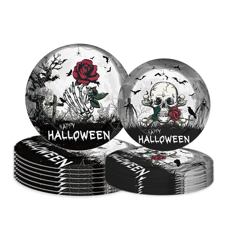 

10pcs Halloween Blood Rose Skeleton Tableware Horror RIP Black Death Paper Plate Napkin Cup Halloween Ghost Festival Party Decor
