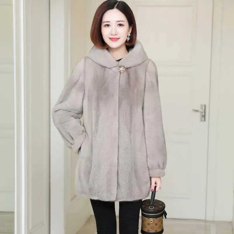 2023 New Imitation Mink Temperament Loose Fur Autumn And Winter Long-sleeve Thickened Womens Casual Hooded Mid-length Lady Coat
