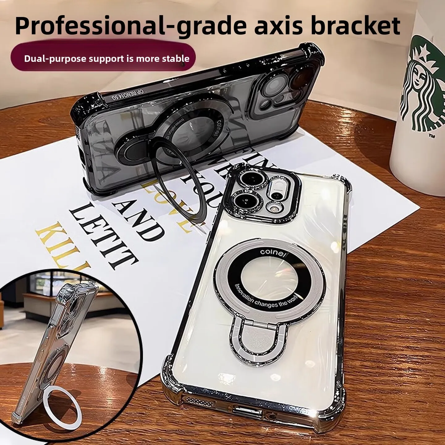 Magnetic U-Shape Stand Transparent TPU Case with Built-in Lens Film