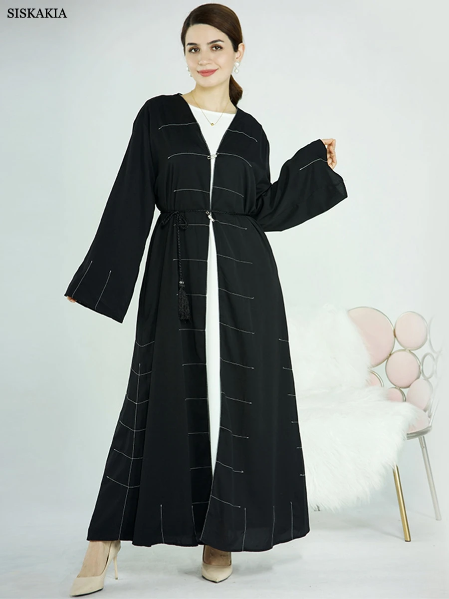 

Siskakia Turkey Dubai Solid Cardigan Robe Dress Brief Vintage Muslim Outerside Wear Kimomo Open Abaya Black Ramadan Eid 2023