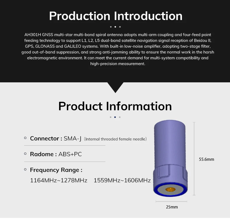듀얼 밴드 위성 통신 안테나, 활성 무선 Beidou GPS GLONASS GALILEO 안테나, AH301H L1 L2 L5