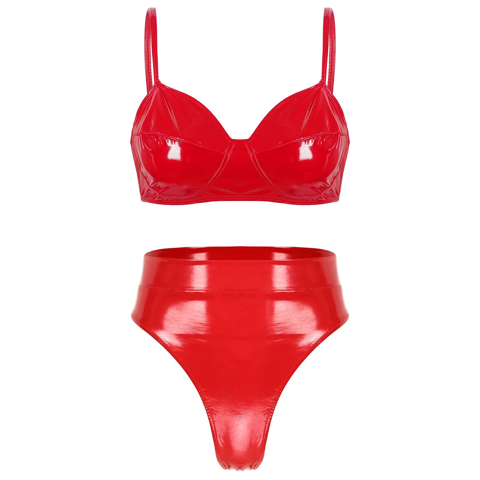 thumbnail image 1 of Traje Rave de baile en barra para mujer, aspecto húmedo, charol, sin aros, sujetador sin relleno, Top con cintura alta, bragas con hebilla trasera ajustable, 1 of 5