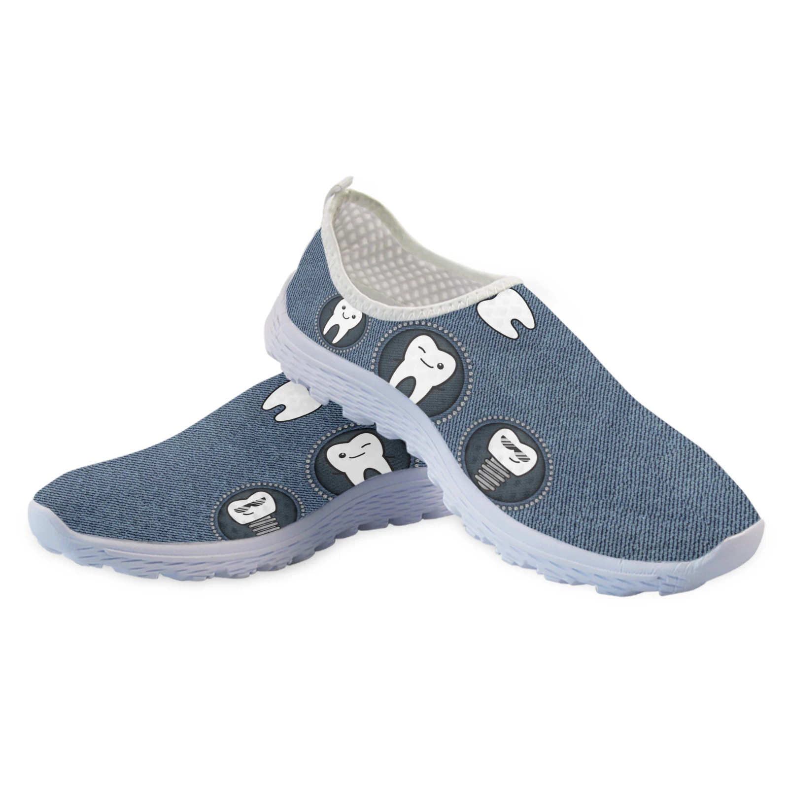 Cartoon Teeth Print Ladies Casual Slip On Dental Flats Comfortable Summer Breathable Mesh Shoes Zapatos Mujer