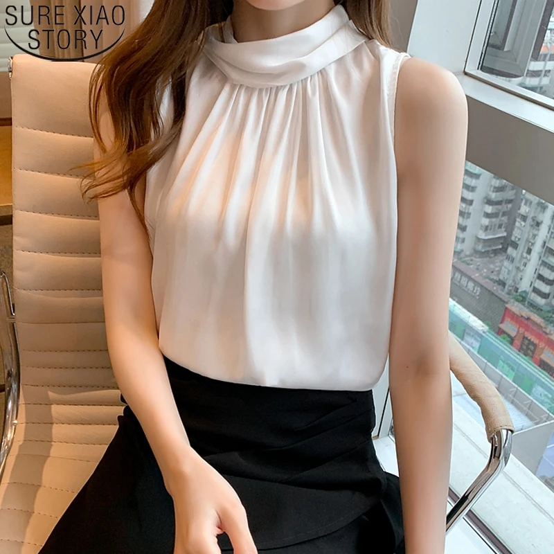 cada vez Persona responsable por inadvertencia Camisa de gasa sin mangas para mujer, blusa de cuello alto con lazo en la  espalda, color blanco, moda de oficina, 2023, 15215 - AliExpress