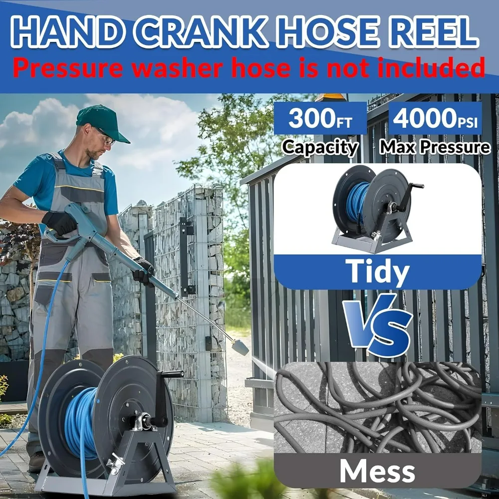 Manual Crank 300-Foot Heavy Duty Hose Reel for Pressure Washers with 3/8-Inch Diameter and M22 Fitting, Suitable for Wall, Floor
