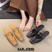 WLQS Mules Et Sabots Femme Mary Jane Tressé Ajouré Rétro Bout Carré Petit Talon Boucle Chaussures De Bureau Décontractées 5
