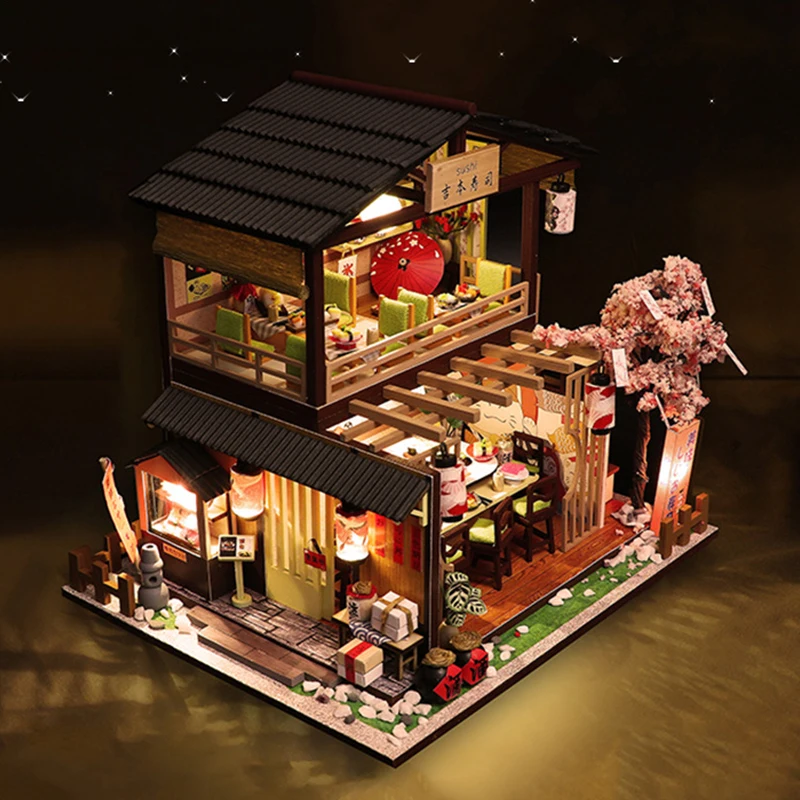 DIY Wooden Miniature Model Kit Japanese Sushi Store Casa Doll Houses 3D Puzzle Dollhouse With Furniture Lights for Friends Gifts 4