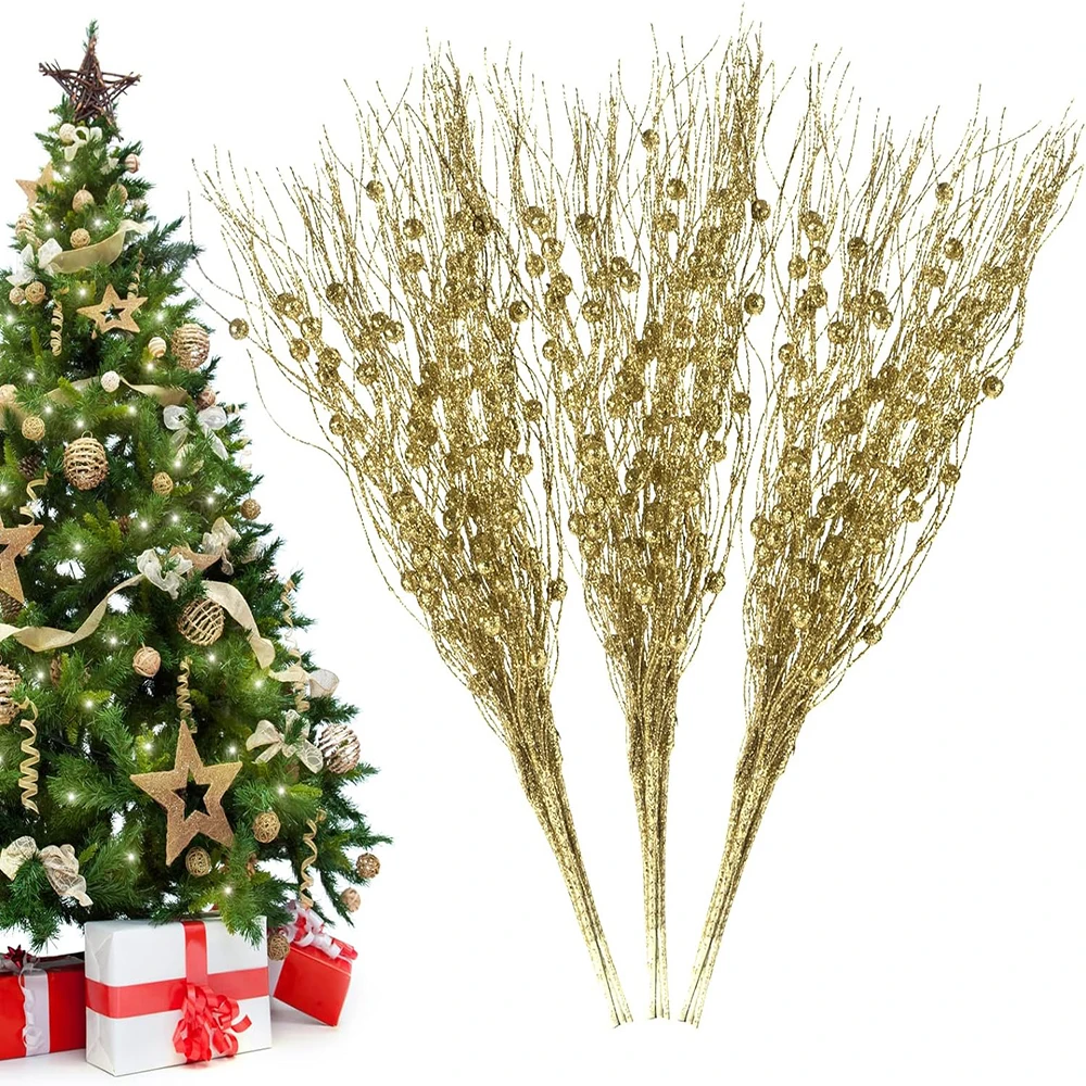 Christmas Tree Gold Powder Berry Branches Luxury Decoration Shiny Branches Pick Christmas Tree Small Vase Holiday Wedding Party