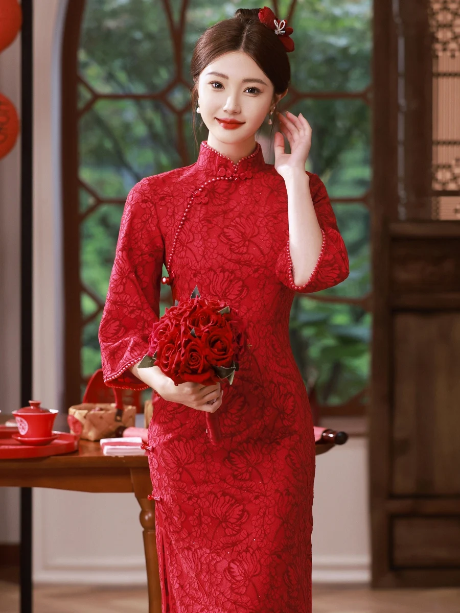 

Young Toast Clothing High-End Chenille Cheongsam Autumn New Bride Engagement Get a Certificate Back to the Door Daily