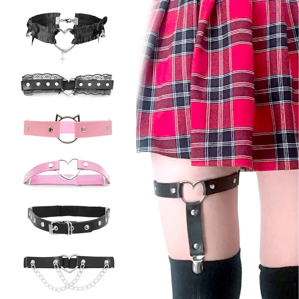 Cosplay Harajuku Gothic Ring Bondage Suspender Women Rock Sexy Elastic Pu Leather Belt Leg Punk Harness Love Heart Thigh Garter fashion leather leg harness women sexy garter belt stockings gothic thigh harness bdsm bondage body straps suspenders erotic