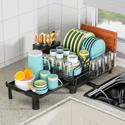 Expandable Kitchen Dish Drying Rack with Swivel Spout and Utensil Holder (Black Set 2)