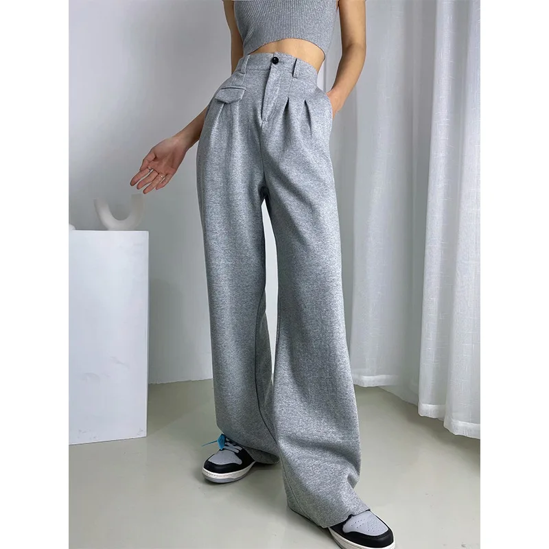 настенная плитка new trend konor gray wt9kon15 24 9x50 2024 Women Spring Fall New Elastic High Waist Wide-leg Gray Pants Loose Straight Trousers Trend Female Solid Color Jogging Pants