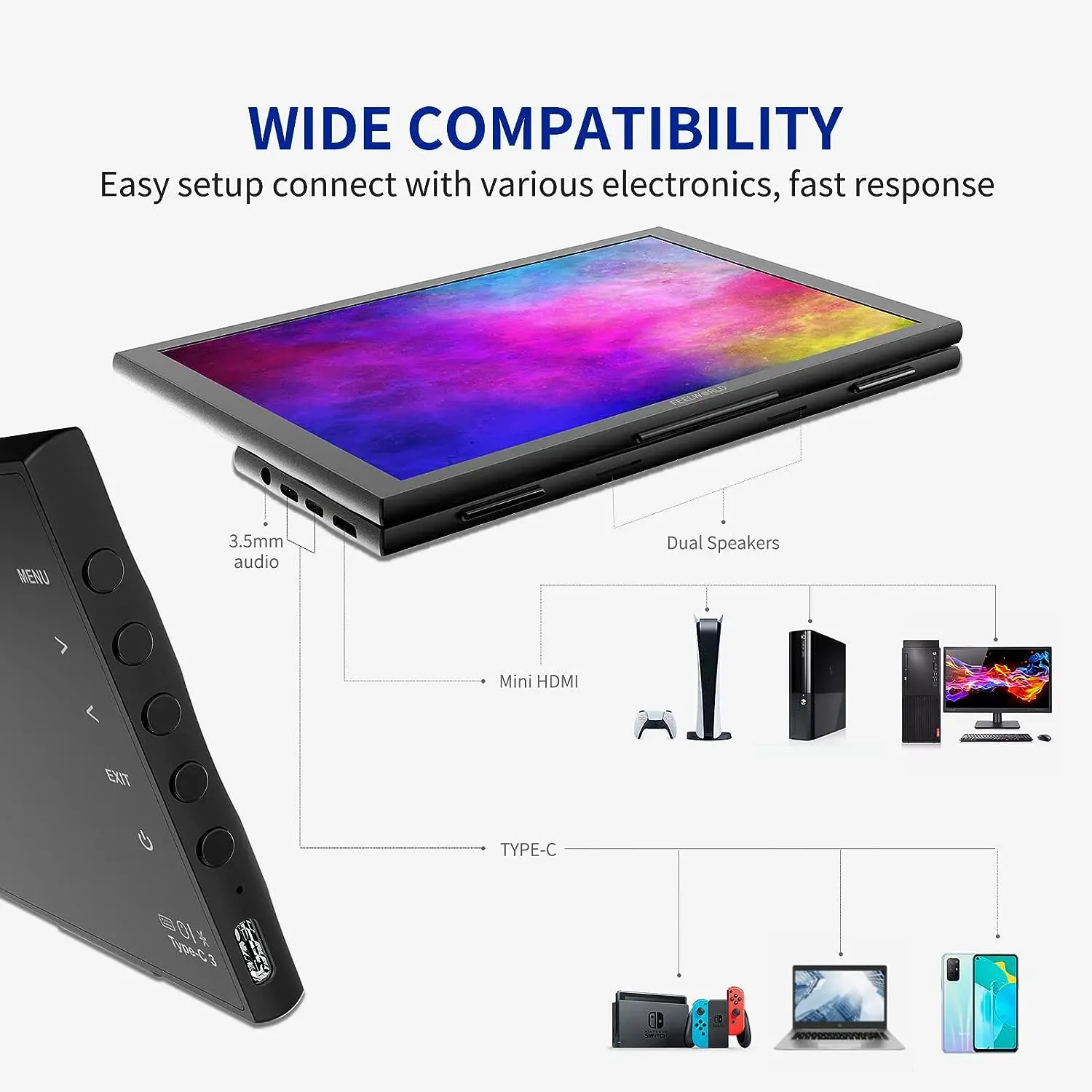 FEELWORLD DH101 10.1 Inch Portable Monitor External Screen Computer Display with USB Type-C HDMI Dual Speakers for Laptop Phone