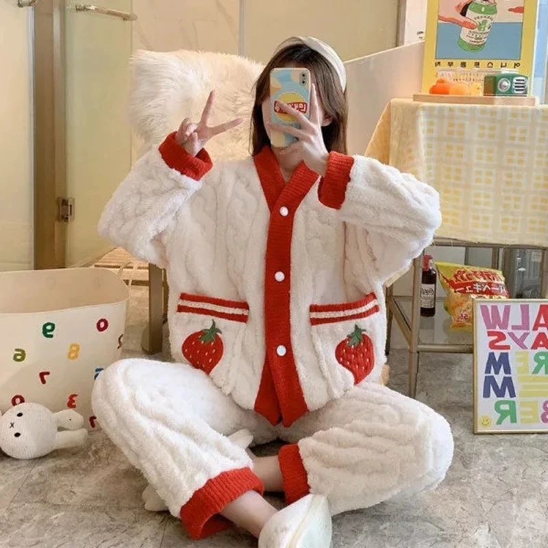 Warm Women Pajamas Sets Winter Lady Long Sleeve Shirt+Pants Home suit Flannel Thick Pijama Female set Pijama Feminino