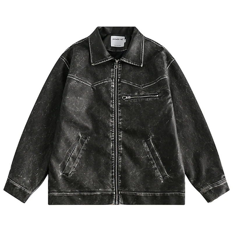 

Japanese Retro Vintage Vintage Men's PU Leather Jacket Lapel Zipper Multiple Pockets Casual Loose Top Couple Streetwear Unisex