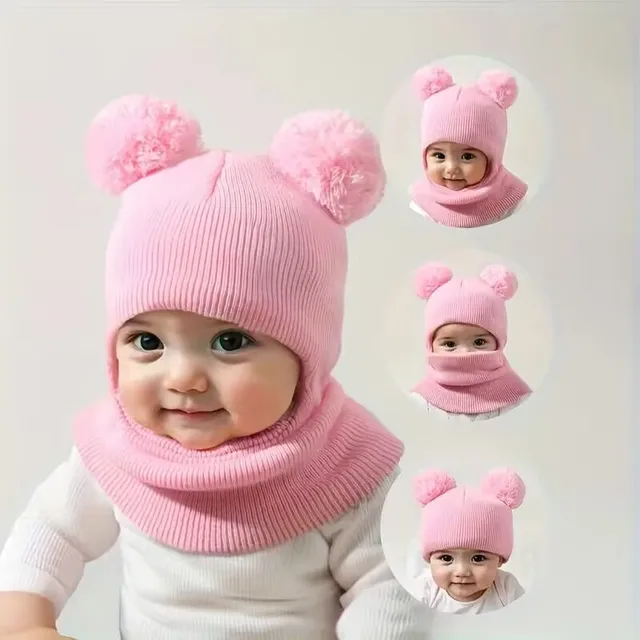 Chapeau une pièce à capuche pour enfants, équipé d'un dispositifs de protection des oreilles et du cou, pour la chaleur, bonnet tricoté à Double boule, 1 pièce/2 pièces 1