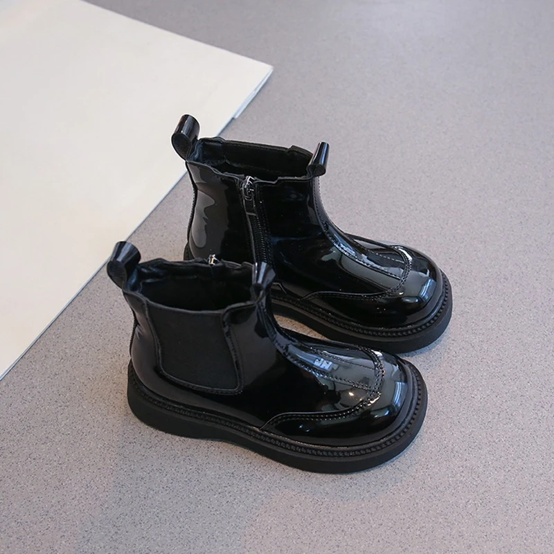 Winter New Kids Ankle Boots for Boys Girls Unisex Rubber Boots Glossy PU Leather Shoes Side Zipper Fashion Classic Chelsea Boots