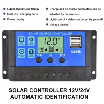 Regolatore di carica solare, regolatore fotovoltaico del pannello fotovoltaico, scaricatore di carico, LCD automatico, doppia uscita USB, 5V, 12V, 24V, 30A, 10A