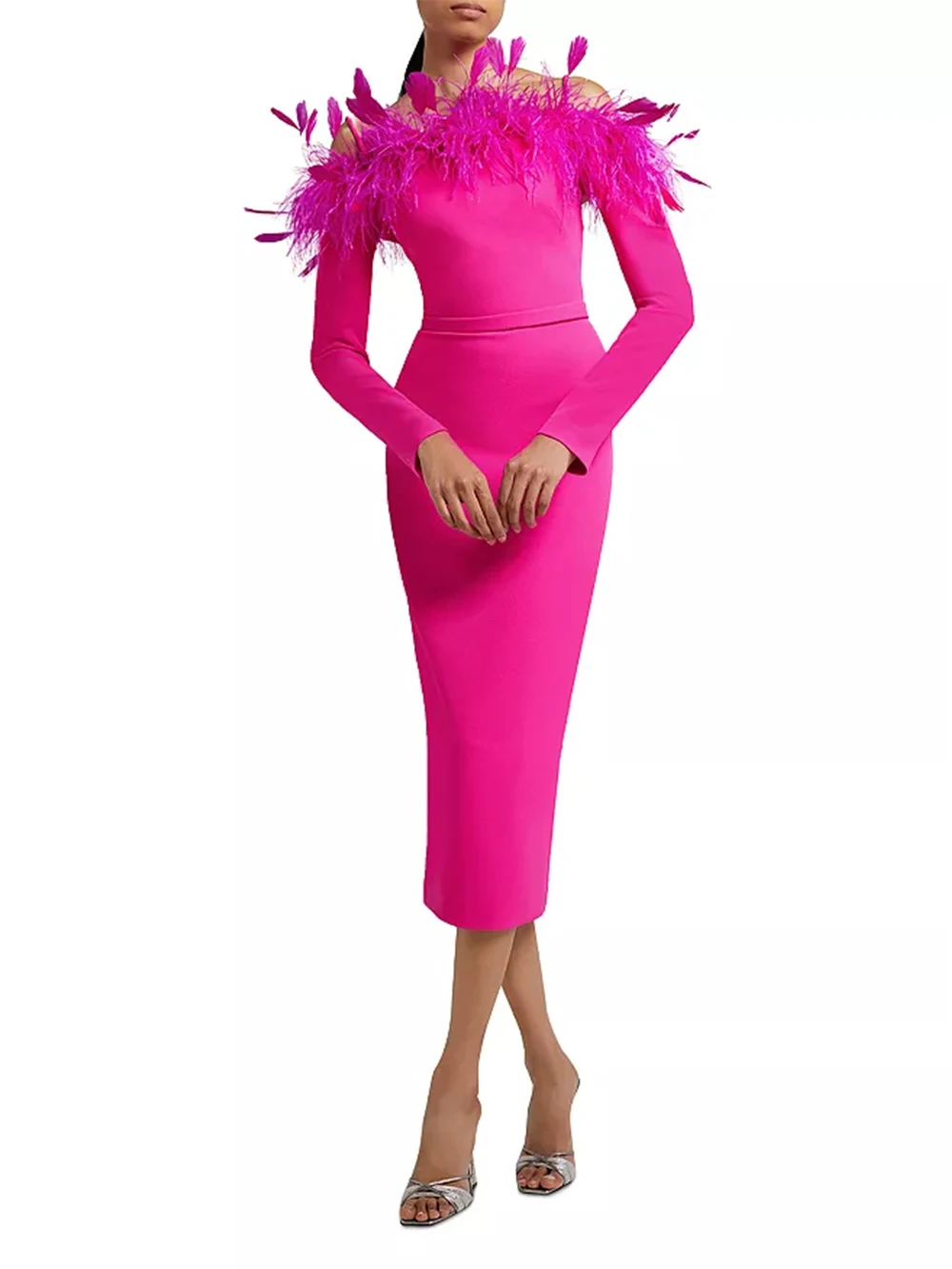

New Sexy Off Shoulder Long Sleeve Midi Rose Red Feather 2023 Bodycon Bandage Party Dress Elegant Design Evening Runway Club Wear