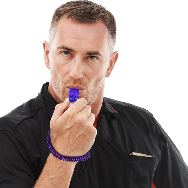Pack Of 30 Plastic Sport Whistles With Coil Wrist Bracelet Attachments, Keychain Rings For Coaching And Officiating Duties.