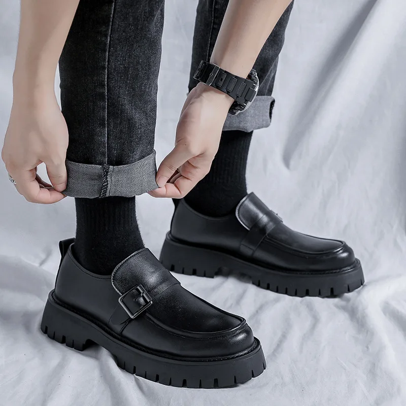 

England style men's fashion wedding party dress natural leather shoes slip-on driving shoe black trend platform loafers zapatos
