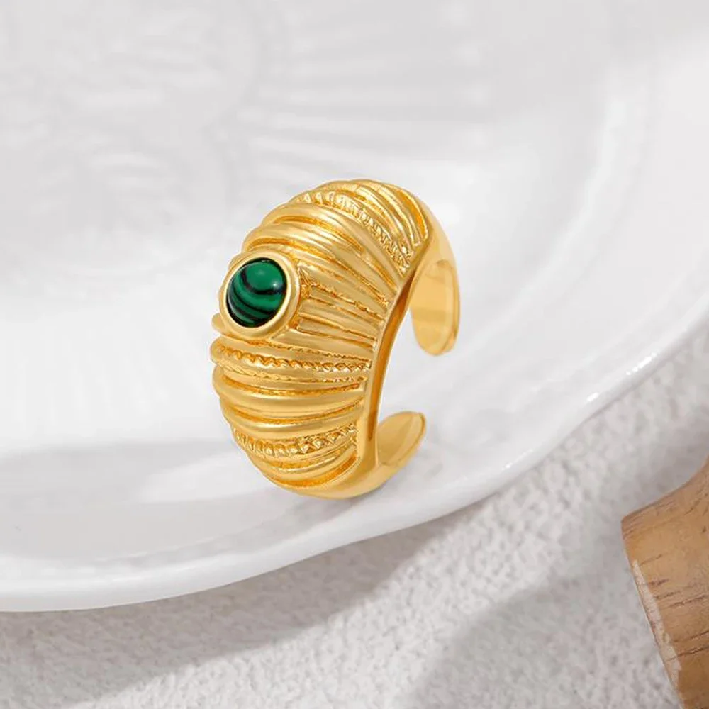 New Retro Exaggerate Lava Textured Chunky Rings for Women Lightweight Striped Green Natural Stone Dome Knuckle Ring Punk Jewelry