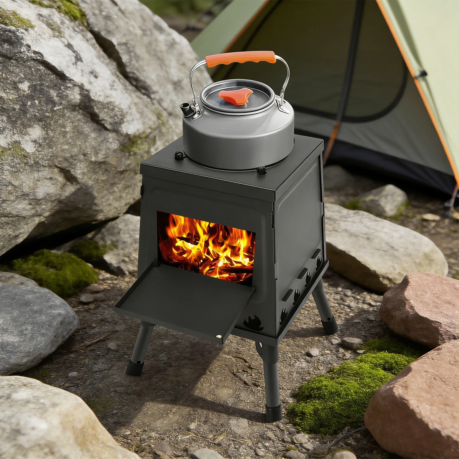 Zeltofen | Schwarz/Grün | Tragbarer Holzofen für Camping und Outdoor-Aktivitäten | Zeltheizung Campingofen Holzofen für Zelte Outdoor – Detail 7