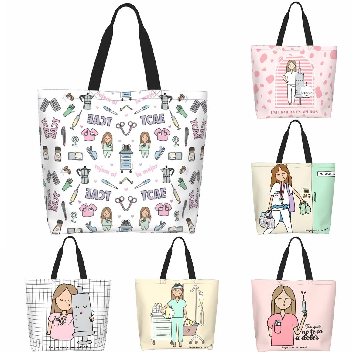 Grocery Bags Cartoon Doctor Nurse Enfermera En Apuros Large Capacity Aesthetic Merch For Woman Street Shoulder Bag
