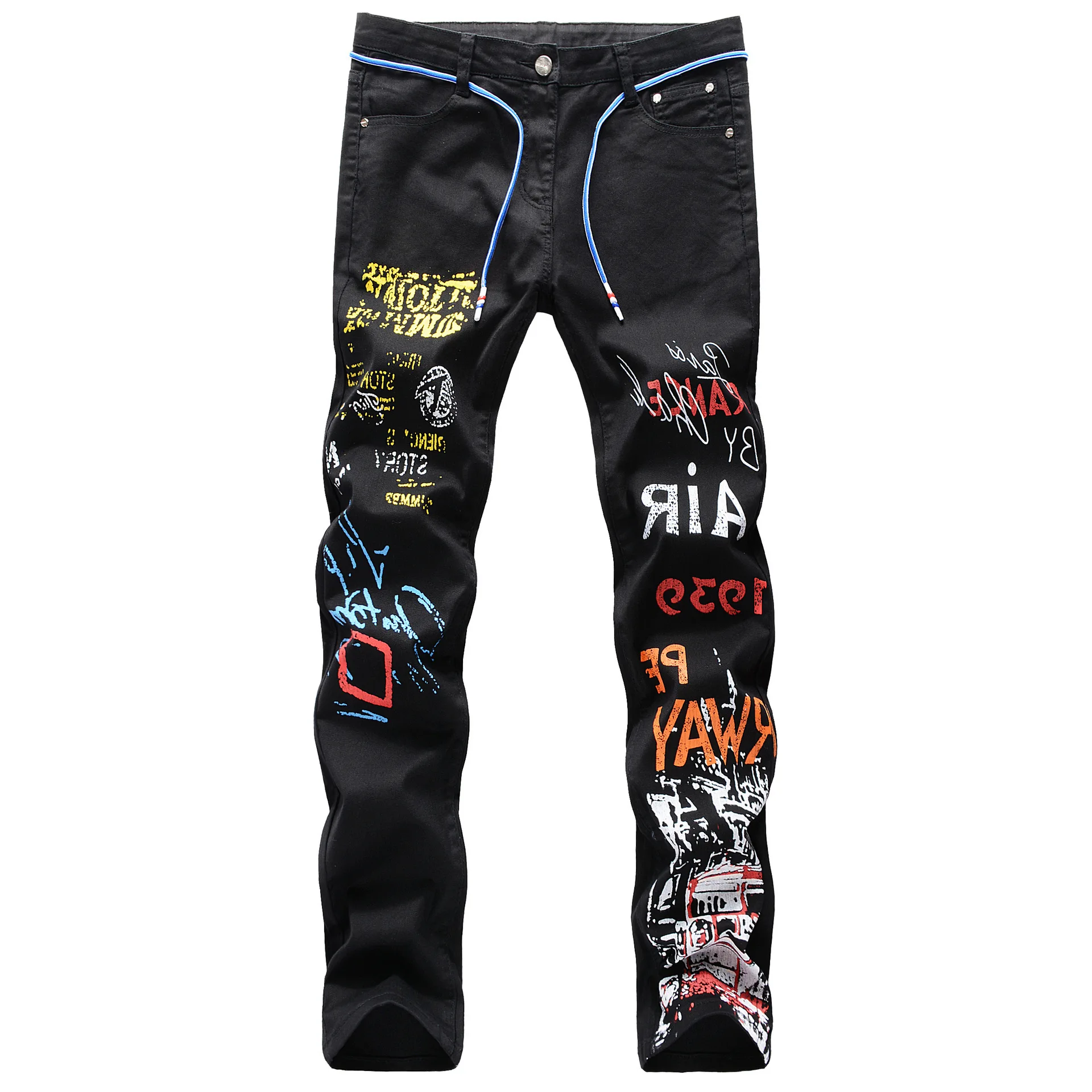 

Spring Men's Printed Denim Pants Graffiti Decor Button Slim Fashion Washable Breathable Stretchy Hip-hop Male Casual Jeans