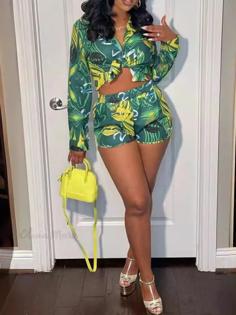 LW 턴다운 칼라 식물 립 프린트 반바지 세트, 여성용 티셔츠 반바지 세트 세트, 부드러운 여름 반바지 세트, 여성 의류