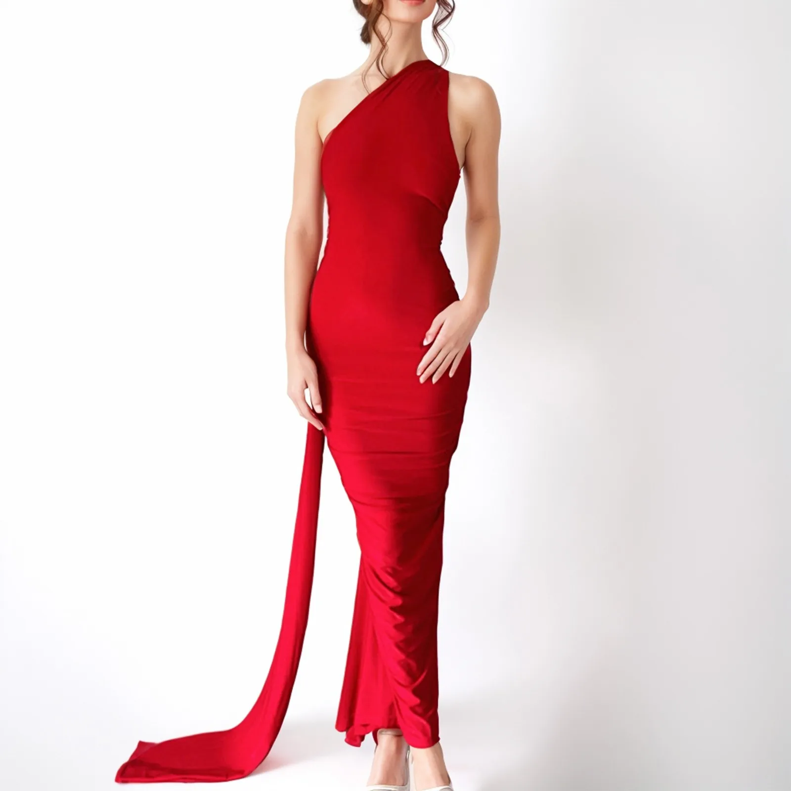 

Женское платье-макси на одно плечо, с открытой спиной и регулируемым шарфом