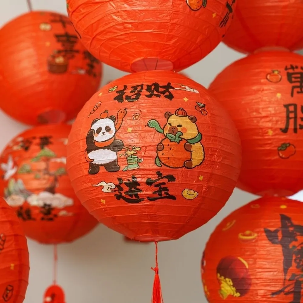 Retro Style Chinese Paper Lantern Round Shape Handmade Lucky Lantern Ornament 30cm Printed Flower New Year Lantern