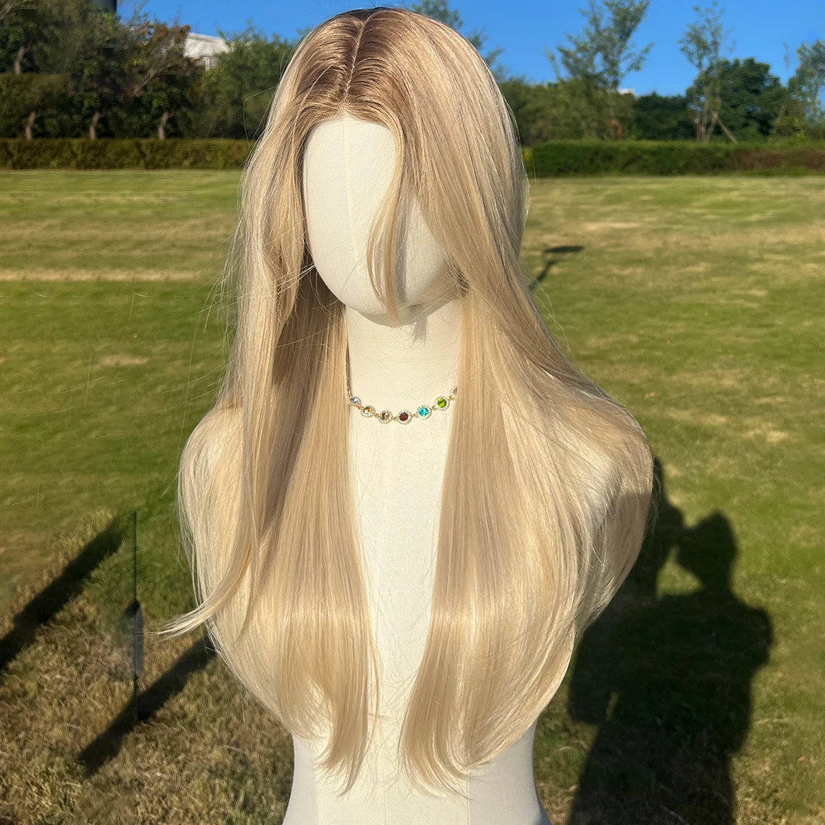 26inch Long Straight Synthetic Natural Golden Lolita Wig With Bangs Girl Cute Blonde Cosplay Party Halloween Ladies Wig
